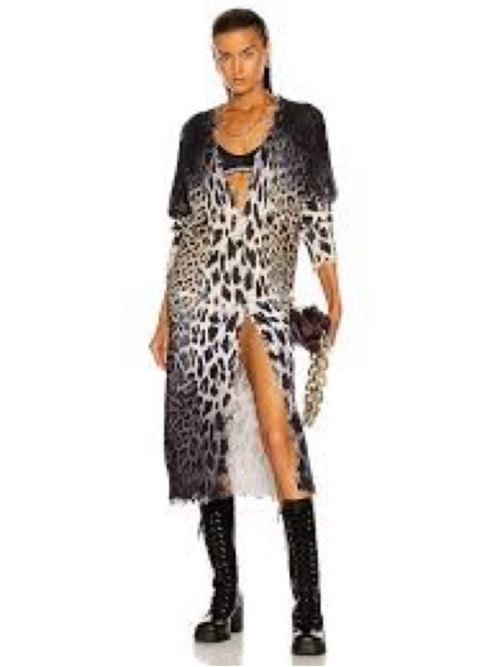 R13 Leopard-Print Long Cardigan with distressed frayed trim